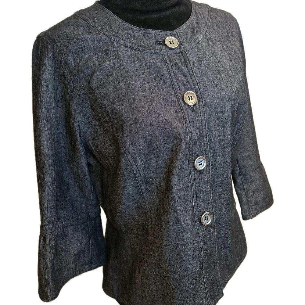 Sandro Sportwear Cropped Jacket Medium Denim Black 3/4 Sleeve Ruffle Cottagecore